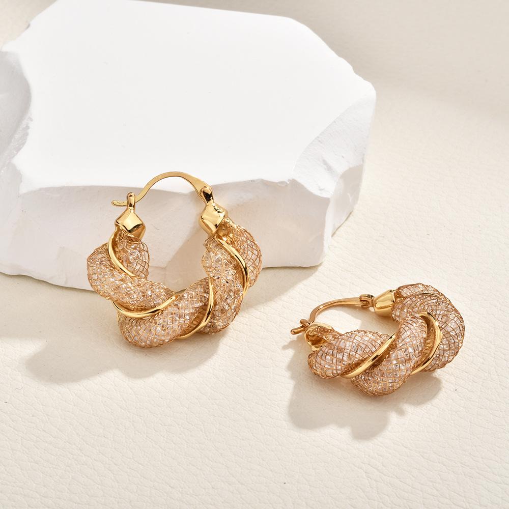 2026 Sparkling Mesh Zircon Twisted Hoop Earrings - Elegant Braided Hollow Ear Buckles for Women High-End Fashion Jewelry