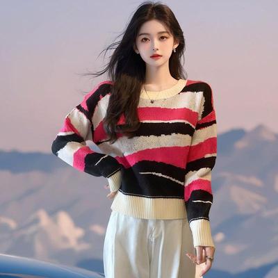 2025 Autumn Arrival: Korean Style Striped Round Neck Pullover Knit Sweater for Women