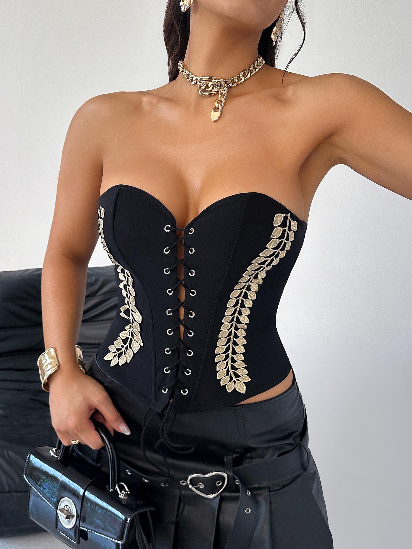 Элегантный боди-бюстье с кружевной вышивкой: Сексуальный корсет-бандо с завязками спереди Medium чёрный