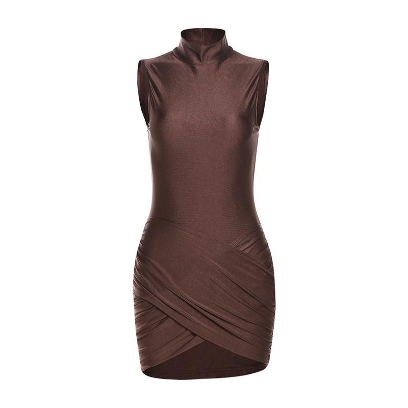 Fashion Elegant Half High Neck Sleeveless Dress New Solid Color Pleated Hip Casual Party Short Dress Female Simple Women's Clothing 3058