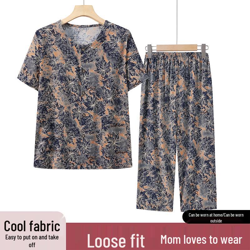 Grandma s Summer Cotton Silk Suit: Short Sleeve Pajamas for Middle-Aged and Elderly Women 3XL (120-135 Jin)