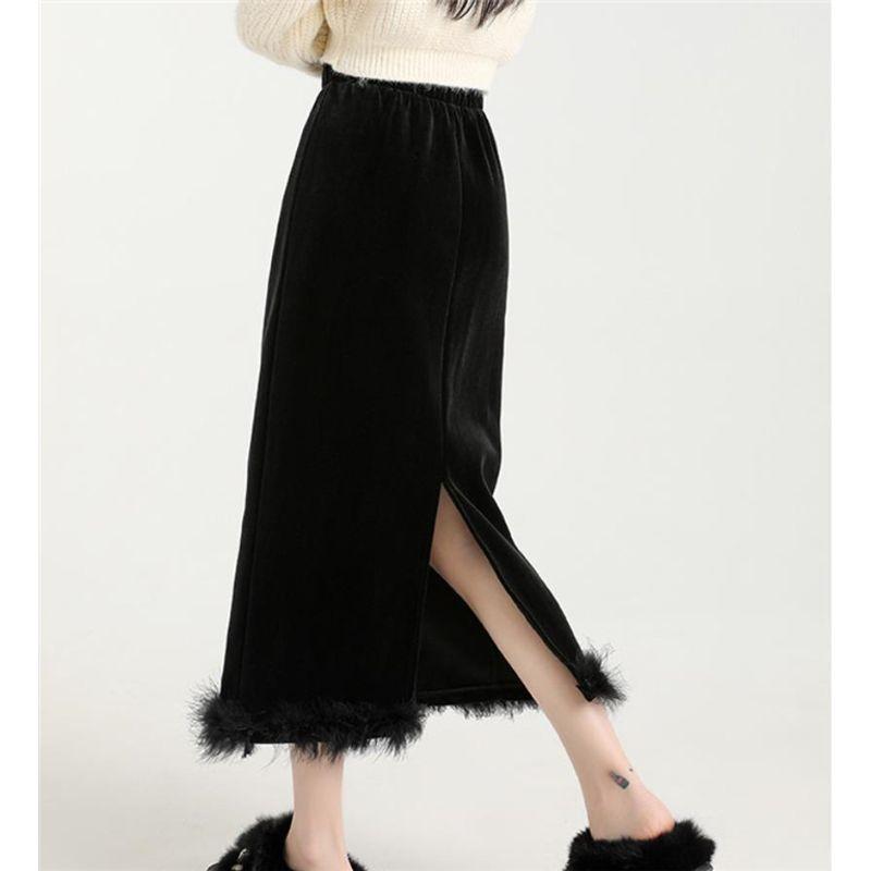 

European and American Sexy Slim fit Sheath Back Slit Velvet Skirt Long dress Sexy Midi Velvet Skirt Black S
