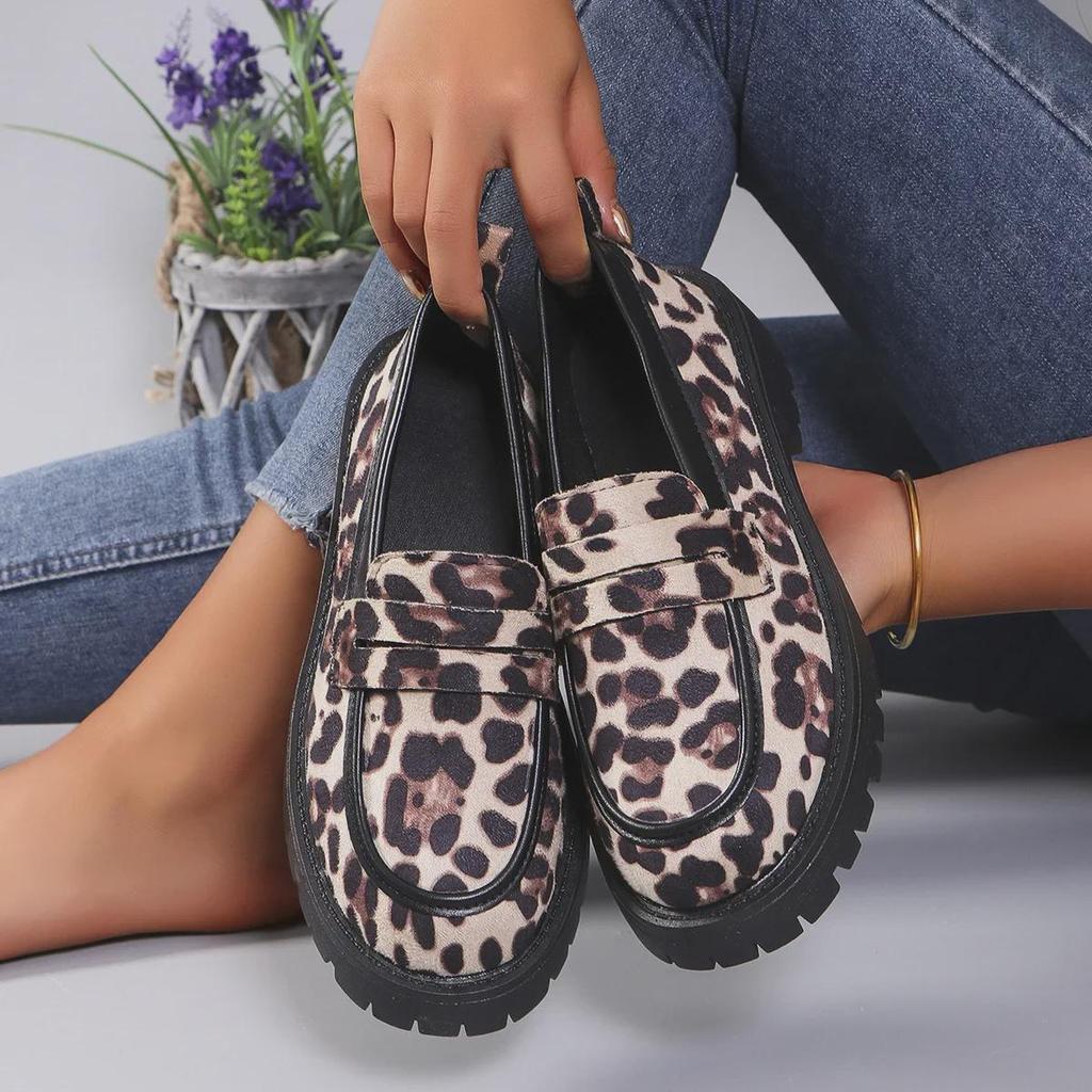 2024 Frühling/Herbst Leopardenmuster Britischer Stil Dicksohlige Loafer für Damen