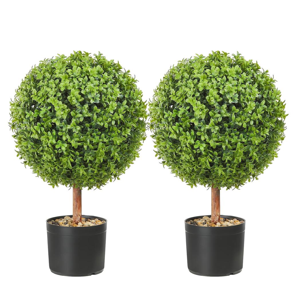 VEVOR Artificial Topiaries Boxwood Trees, 24 inch Tall (2 Pieces), Ball-Shape Faux Topiaries Plant with Planters