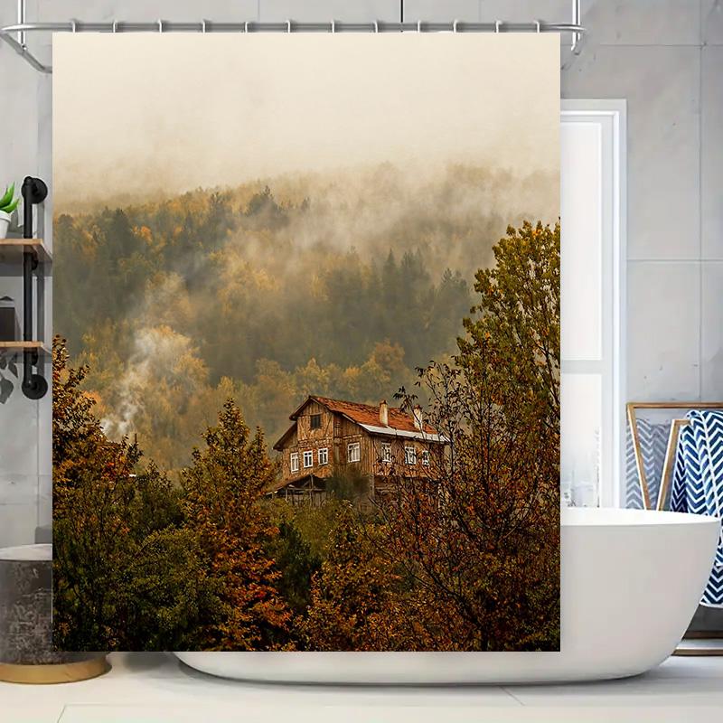 Autumn Forest House Shower Curtain: Foggy Morning in the Woods with Fireplace Smoke Fall Decor for Bathrooms 90x180cm
