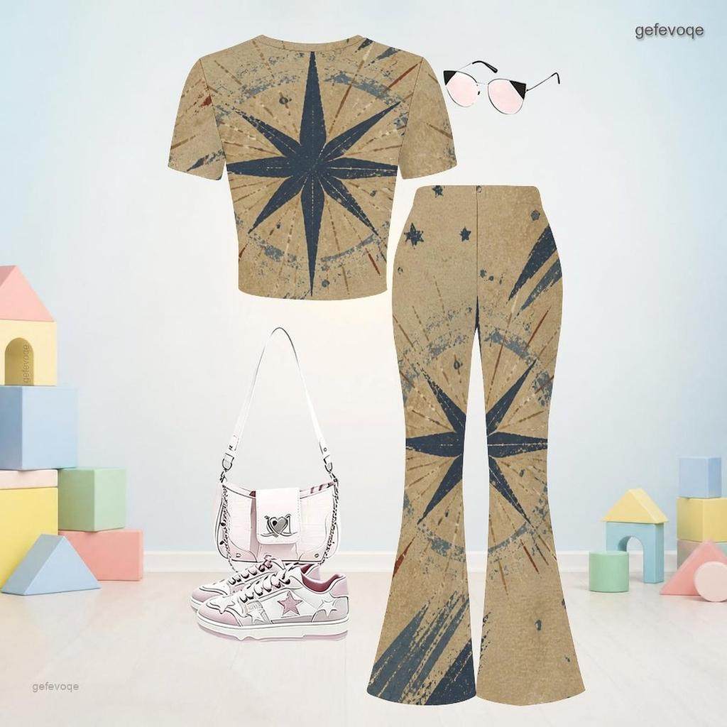 Girls Beige Printed Round Neck Short Sleeve Top And Flared Pants Two Piece Set
