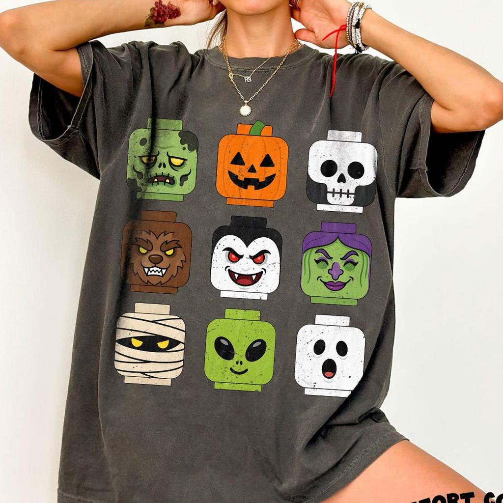 Retro Halloween Brick Monster Shirt, Spooky Season Comfort Colors Tee, Vintage Toy Monster Faces Shirt, Halloween Party Gift