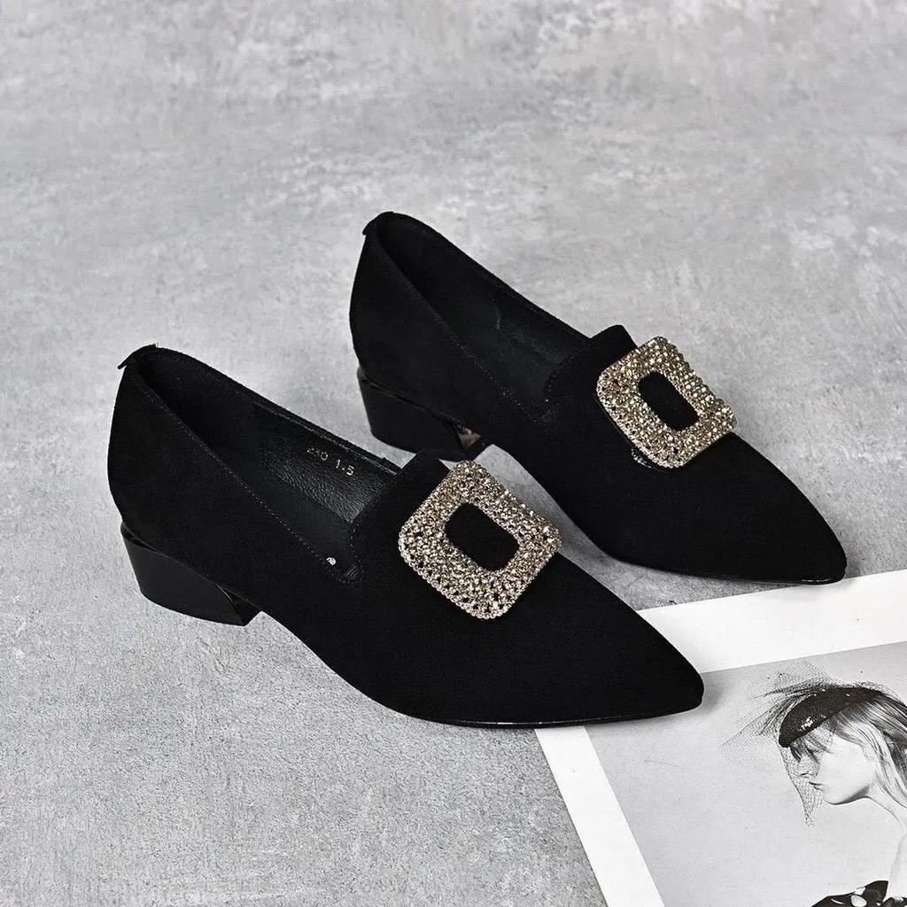 Fashion Diamond Shoes for Women Block Heel Pointed Toe Moccasins Woman Pumps Korean Style Casual Footwear Summer 2025 Vacation Popular