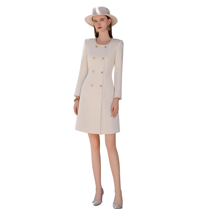 Women's White Double-Breasted Midi Dress - Round Neck, Slimming Fit, Spring/Autumn