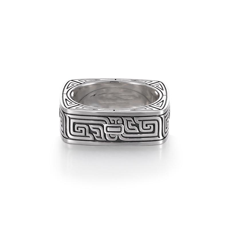 Yin Taifei Retro Square Pattern Thai Silver Unisex Open Ring - High-End Chinese Style Design