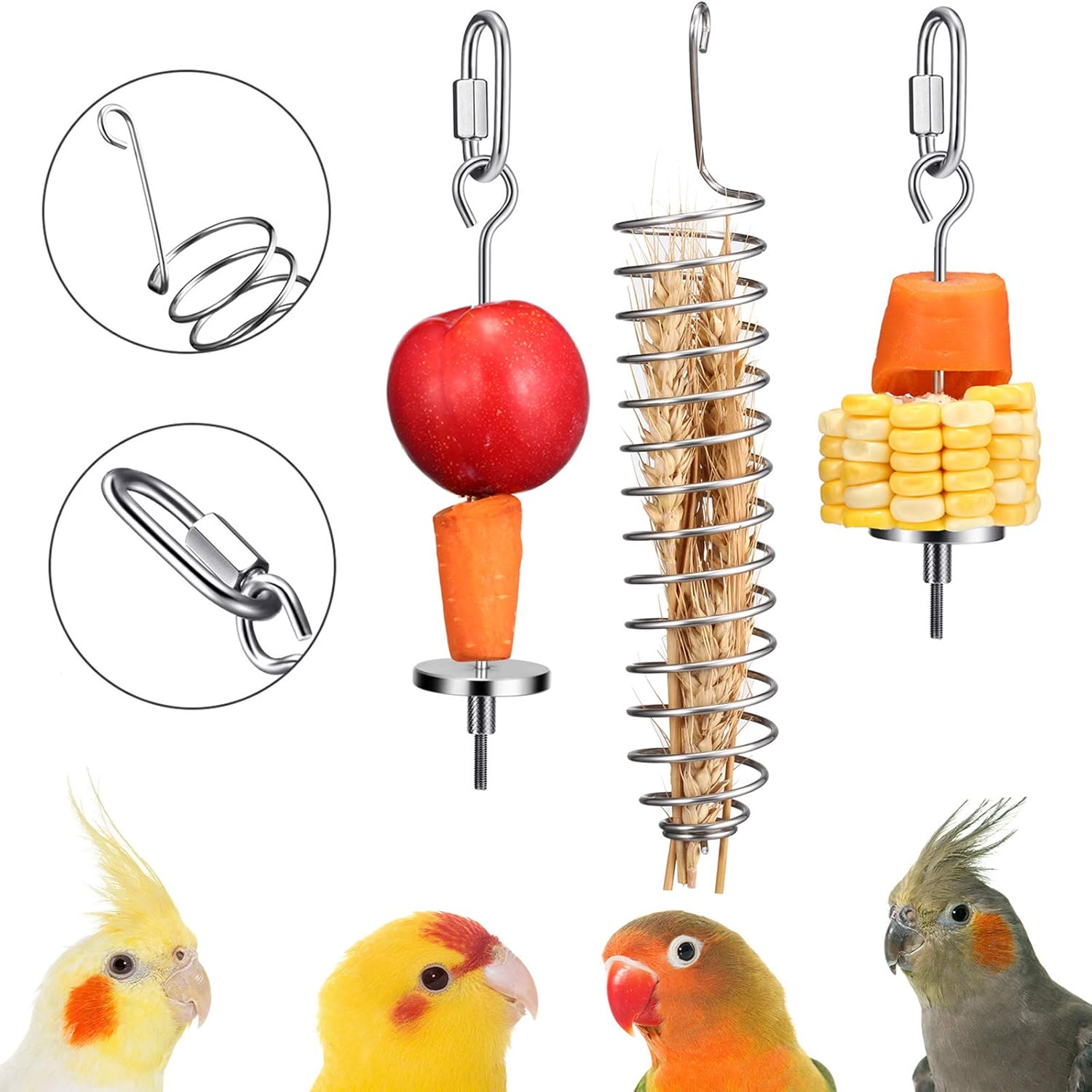3 Pieces Bird Food Holder Stainless Steel Parrot Hanging Vegetable Fruit Feeder Bird Treat Skewer Include 2 Pieces Small and Large Fruit Fork and a