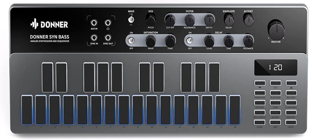 Syntetizátor Donner Essential B1 Analogový basový sekvencer 128 vzorů LED obrazovka s MIDI terminálem Podsvícení USB Typ Hudební produkce Japonština