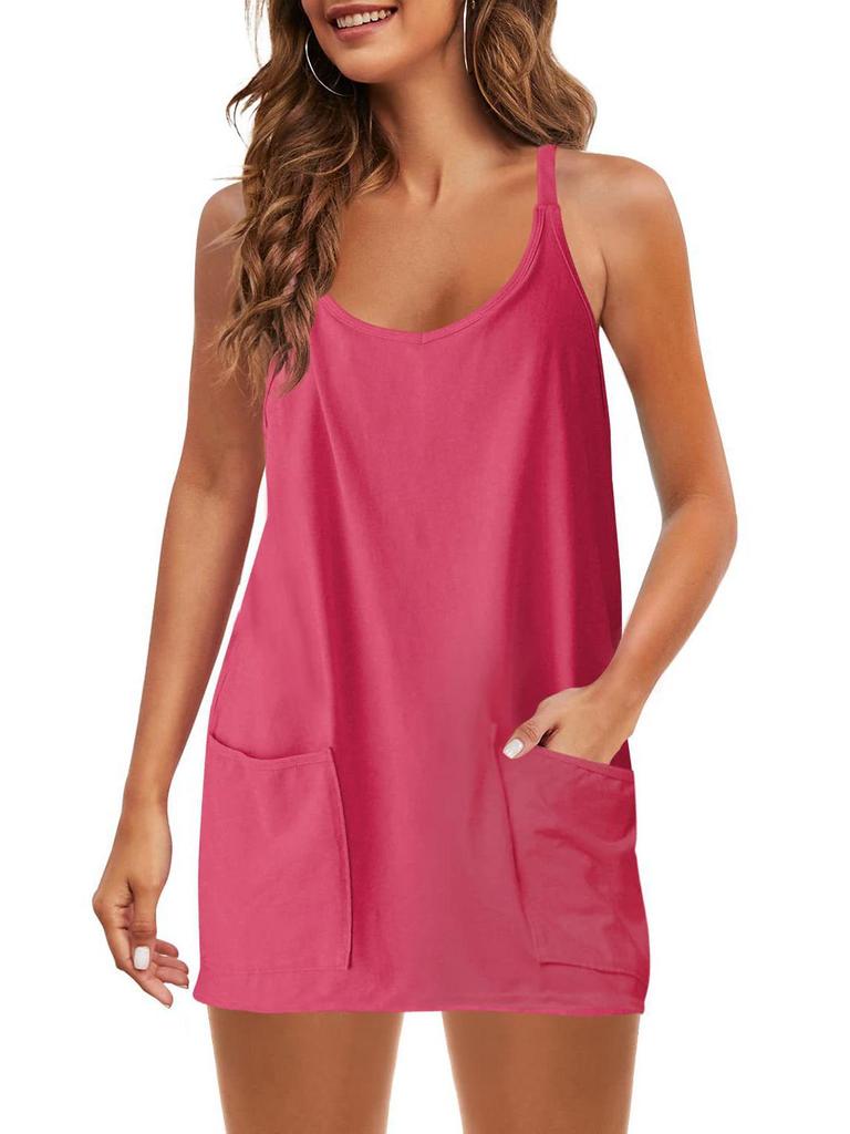 2025 Summer Sleeveless Solid Color Dress with Thin Straps & Pocket