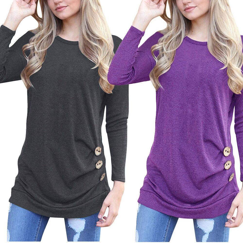 Stylish Long-sleeve Button Detail T-shirt For Women In Various Colors And Sizes