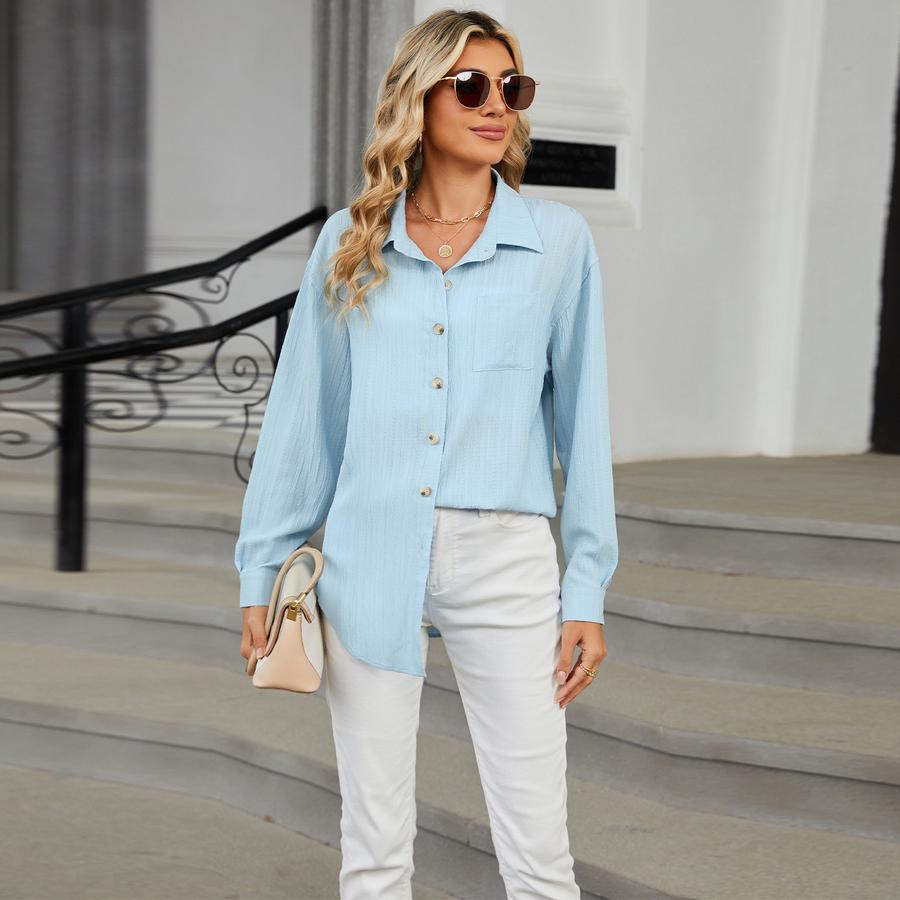 New Women's Casual Loose Long Sleeve Crew Neck Button Solid Color Shirt