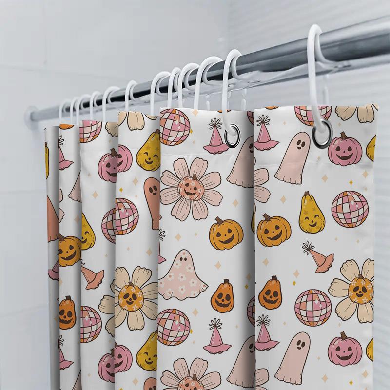Charming Halloween Pattern Shower Curtain White Background With Cute Ghosts, Pumpkins Bubbles Waterproof Fabric For Bathroom Dec