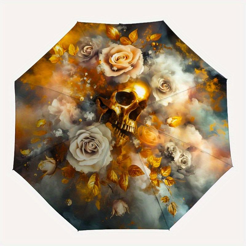 1pc Golden Skull amidst Roses Cartoon Umbrella, Portable 3-Fold Compact Umbrella, Suitable for Camping, Hiking and Travel, Ideal Easter Birthday