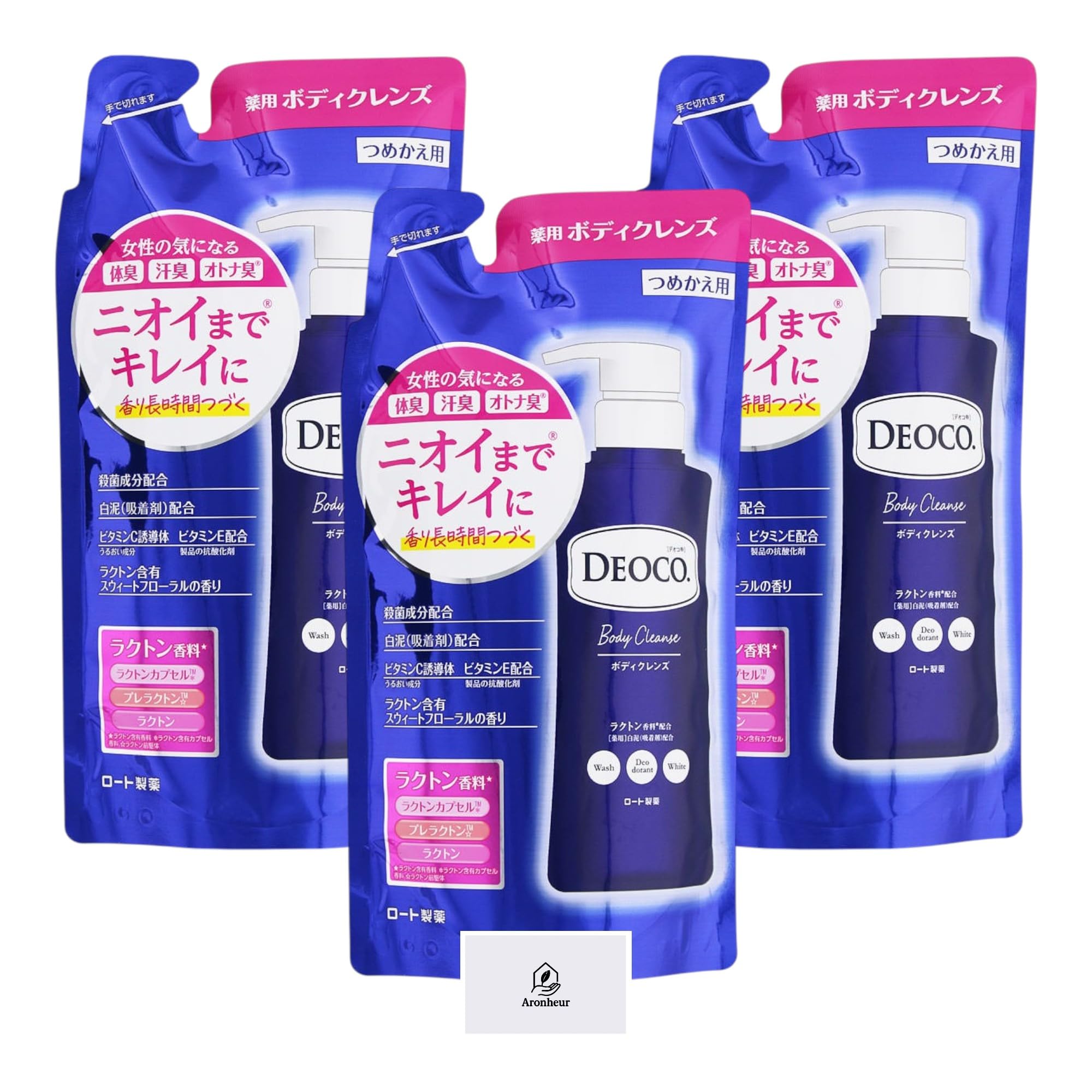 DEOCO Medicated Body Cleanser, Sweet Floral Scent, Refill 250ml, 3-Pack. For body odor, sweat odor, and adult odor care. [Quasi-drug] Includes