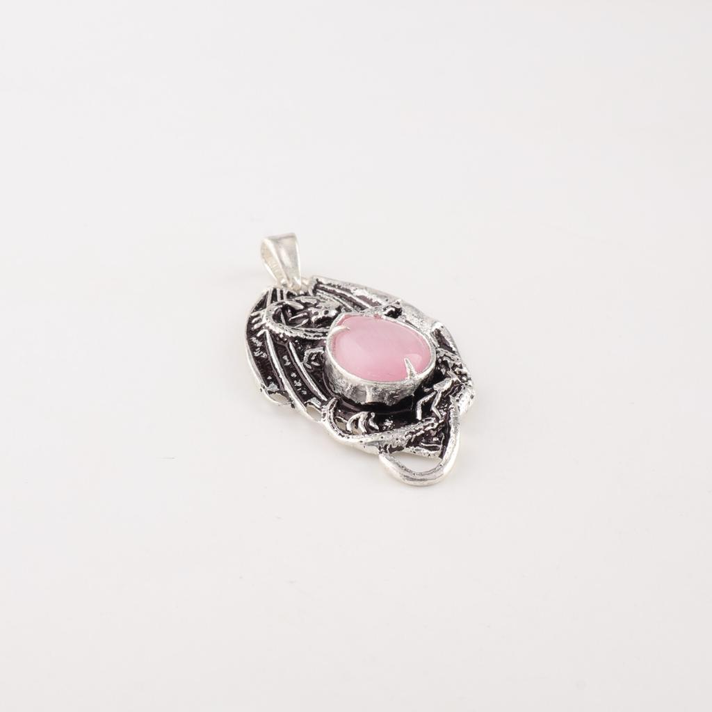 Pink Cat's Eye Gemstone 925 Sterling Silver Jewelry Handmade Prong Set Pendant CP-9-44