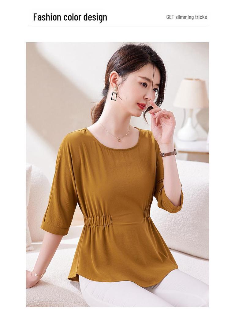 Chic Women's 2025 Slim Fit Pleated T-Shirt: Round Neck, Flattering Waist, Summer Style