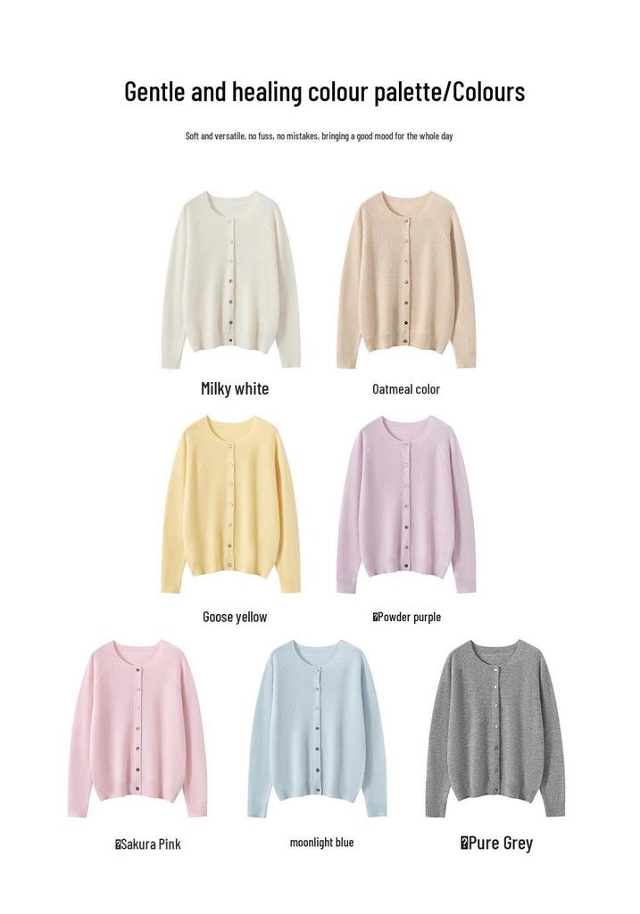 Women's 100% Pure Cashmere Round Neck Cardigan - Autumn/Winter, Loose Fit, Solid Color, Cozy Knit Sweater.