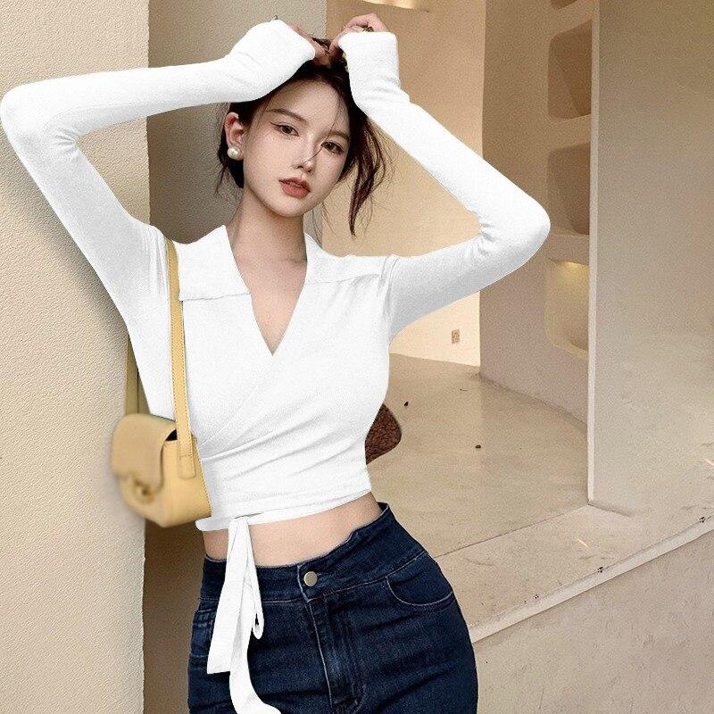 Women Pullovers Tops Waist Cross Bandage Solid Color Long Sleeve Tops V-Neck Spring Autumn