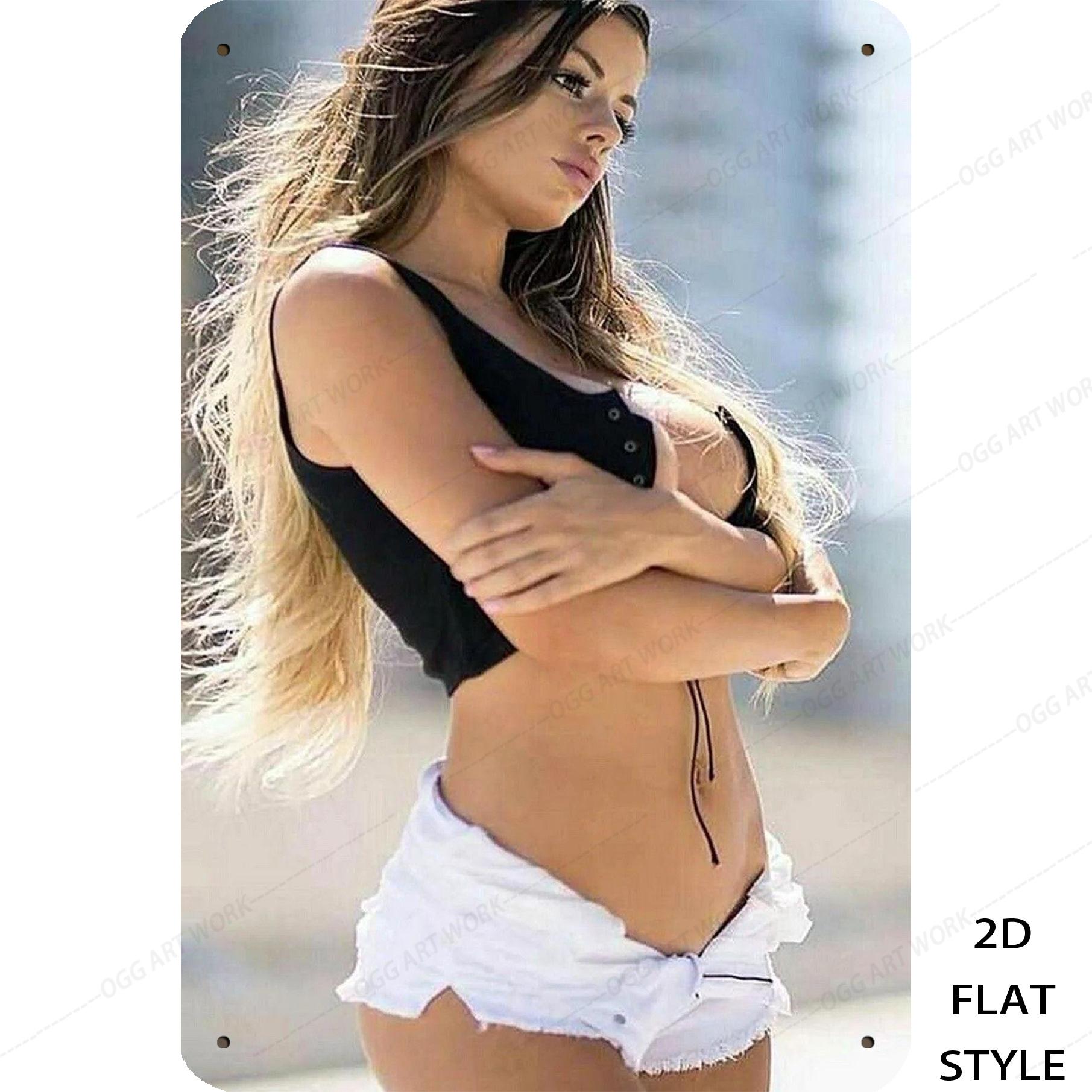 

HD Metal Tin Sign Gorgeous Woman in Black Crop Top White Shorts Beach Scene Vintage Wall Art Plaque Retro D Decor for Home Ba 20x30cm（7.8x11.8inch）