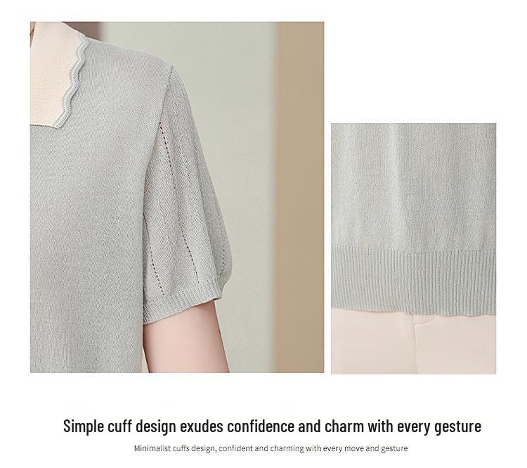 2026 Stylish Ice Silk Knit Lapel T-Shirt for Middle-Aged and Elderly Moms - Summer Short-Sleeve Top
