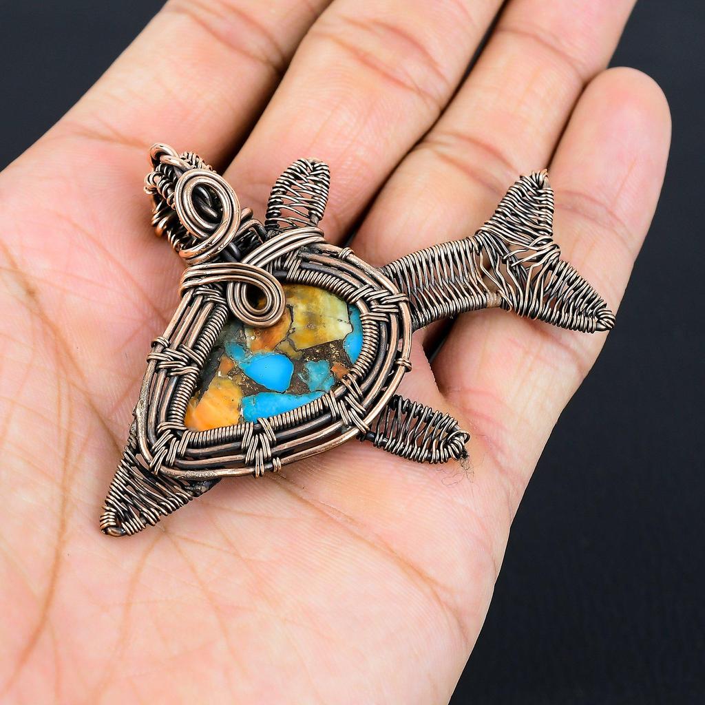 Unique Spiny Oyster Turquoise Gemstone Handmade Pure Copper Wire Wrapped Fish Pendant Jewelry
