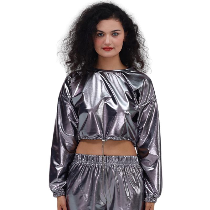 Damen Glänzende Metallic Sweatshirts Langarm Crop Top Lässiger Pullover Hip Hop Shirts für Nachtclub Tanzbekleidung