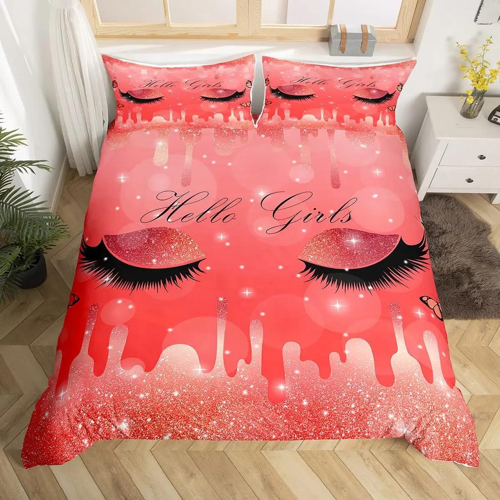 Women Eyelash King Queen Duvet Cover Glitter Galaxy Bedding Set Pink Sequin Ink Fluid Art Quilt Cover Polyester Comforter Cover