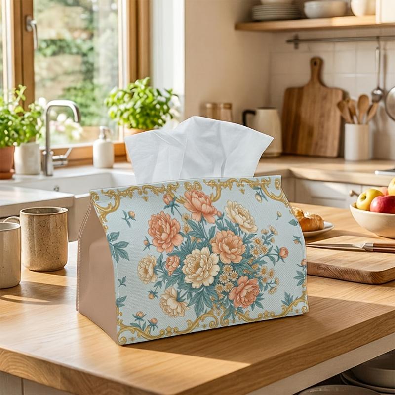 1pc Victorian Peony Bouquet Tissue Box with Baroque Golden Frame - Ornate Napkin Dispenser Suitable for Home, Car & Decor, Decorative Holder Compatibl