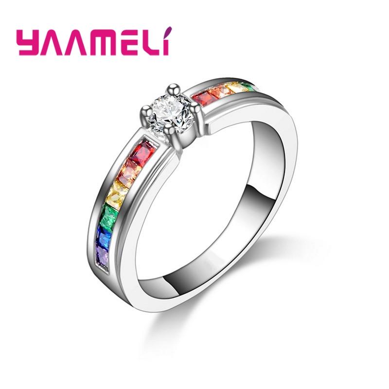 Real 100% 925 Silver Color Rainbow Cubic Zircon Rings For Women Wedding Lovely Engagement Proposal Ring Accessory