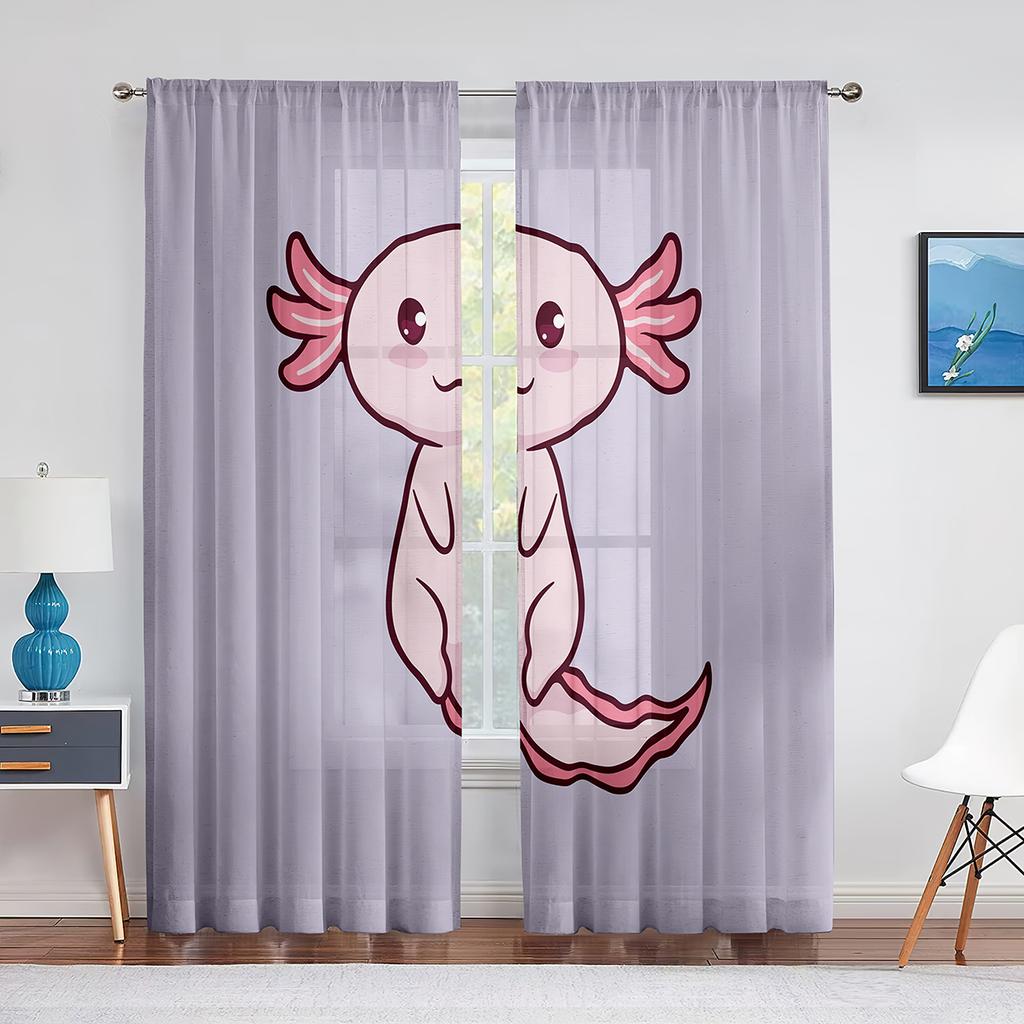 Cartoon Watercolor Axolotl with Hat Sheer Voile Curtain Sealife Reptiles Chiffon Tulle Curtains for Living Room Bedroom Drapes