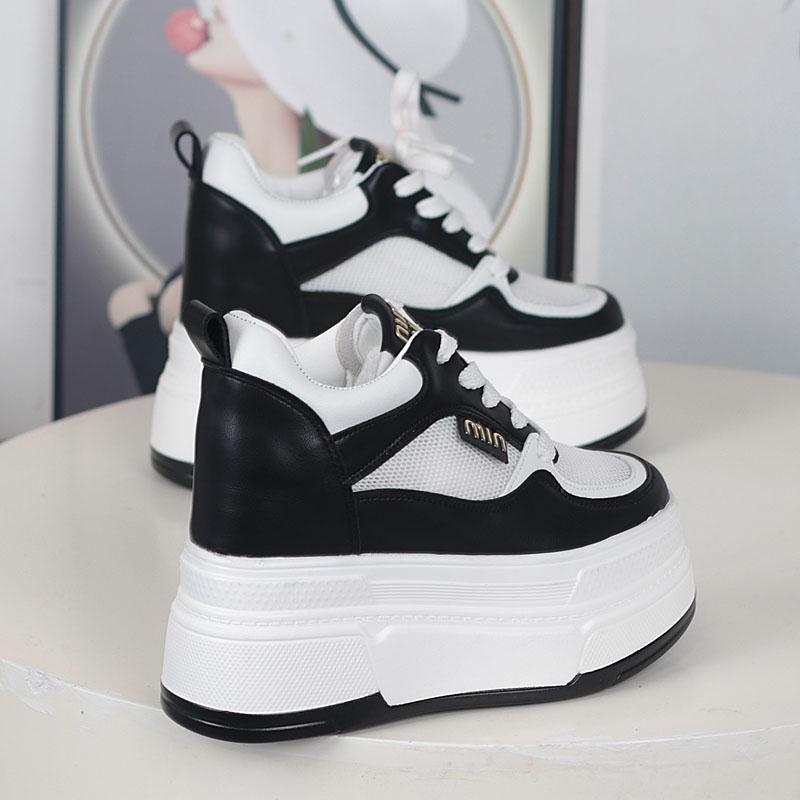 Fashion 12CM Women Casual Walking Shoes Summer Autumn Lace Up Leather High Quality Sneakers Fashion Flat-Bottomed Female Chunky Sneakers