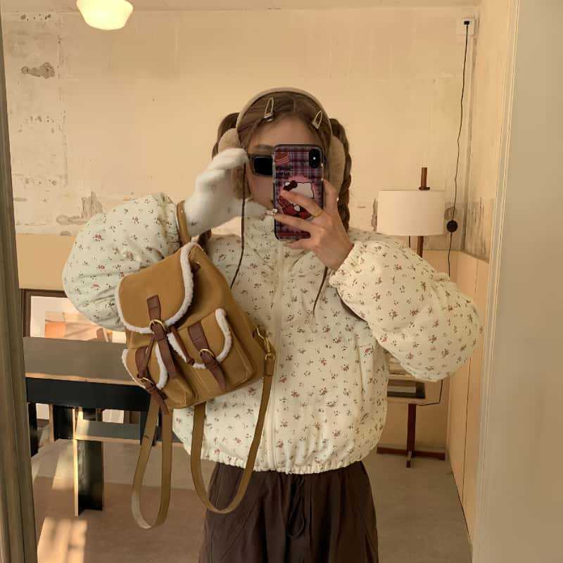 

New women s winter small floral stand-up collar short cotton clothes thickened warm trend bread clothes jacket L