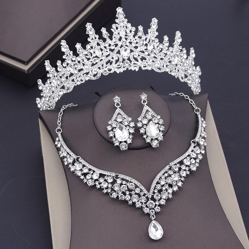 Prinzessinnen-Kronen-Schmuckset für die Braut, Hochzeit, Diademe und Ohrringe, Halsketten-Set, 3-tlg., Party, Abschlussball, Festzug, Mädchen