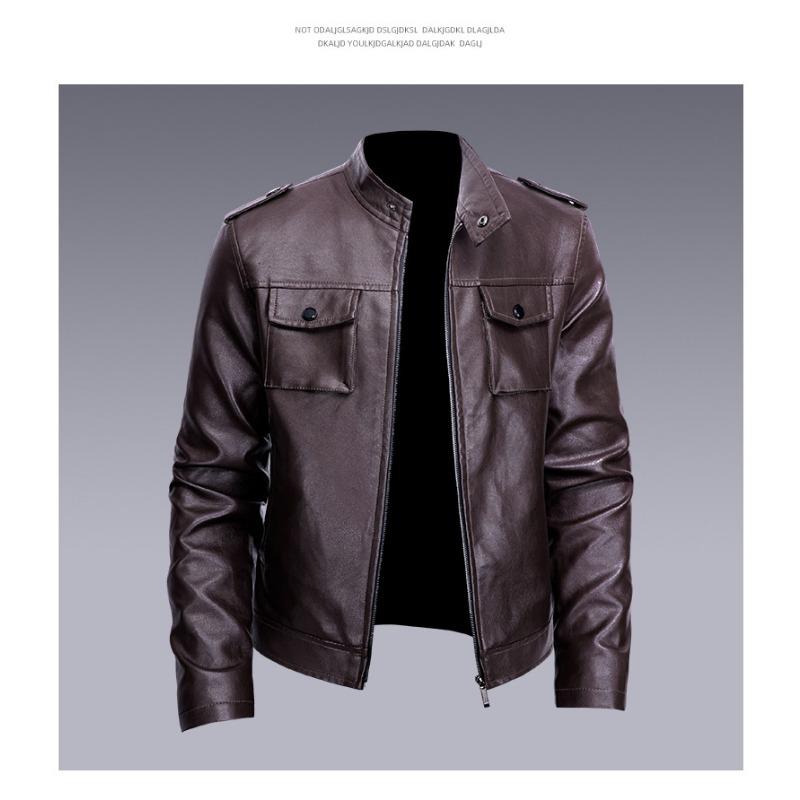 Leather Jacket Men's New Autumn and Winter Business Trend Korean Style Stand-up Collar Motorcycle Leather Jacket Green Handsome Jacket