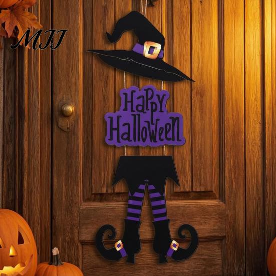 Indoor Outdoor Halloween Sign Happy Welcome Witch Legs Hat Hanging Wooden Wall Decor Durable Art Rustic Front Door Hanger for Porch Vivid Color