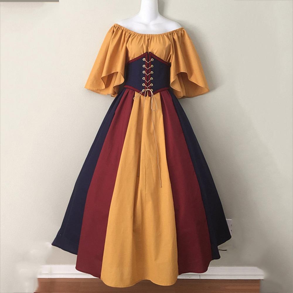 Women's Off‑Shoulder Half Sleeve Maxi Dress Loose Fit High Waist Vintage Renaissance Medieval Gown