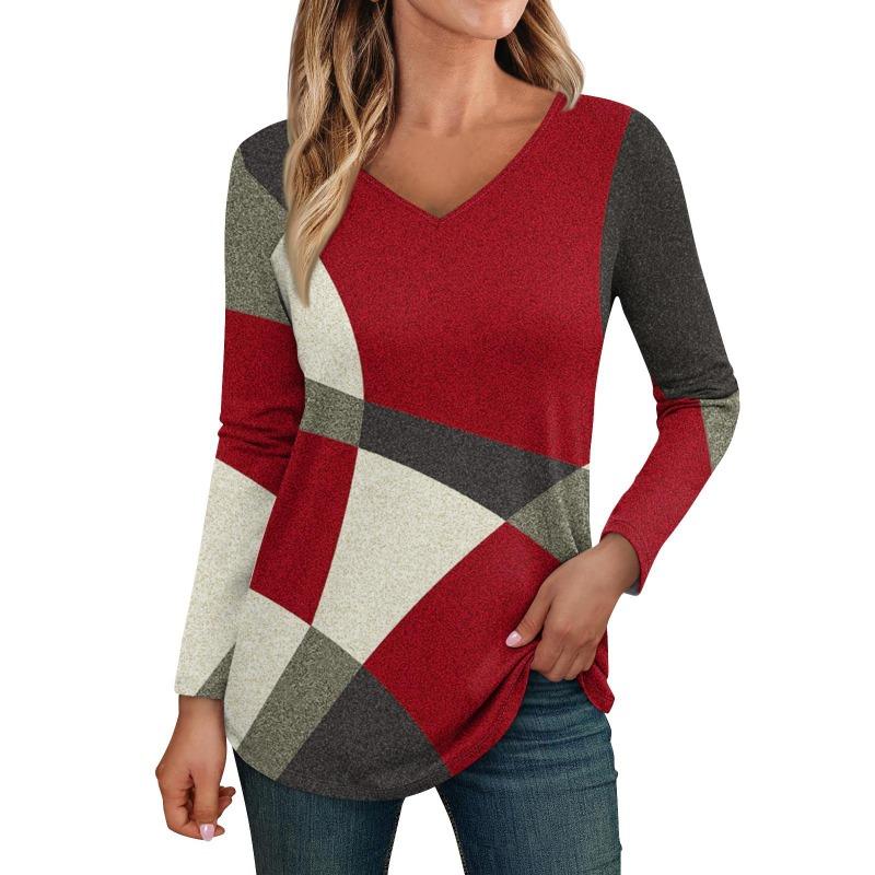 Damen Langarmshirts V-Ausschnitt Casual Blumendruck Basic Trendy T-Shirt Blusen Herbst Tunika Outfits Taillierte T-Shirts Damen