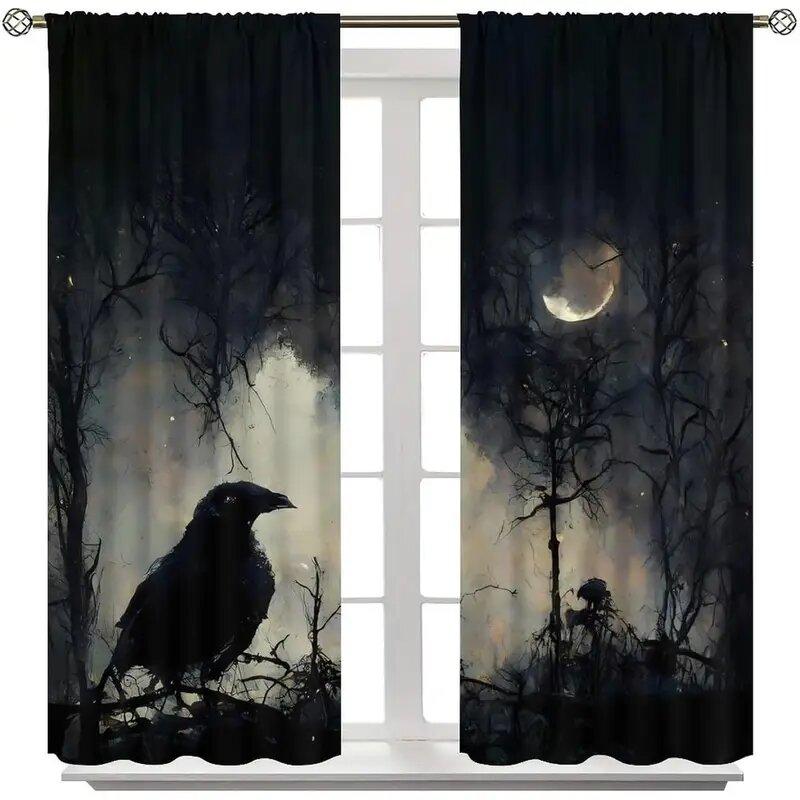 2 Stück - Vorhänge mit gotischem schwarzem Vogel- und Krähenmusterdruck, Fensterdekorationen, Heimdekorationen, Raumdekorationen