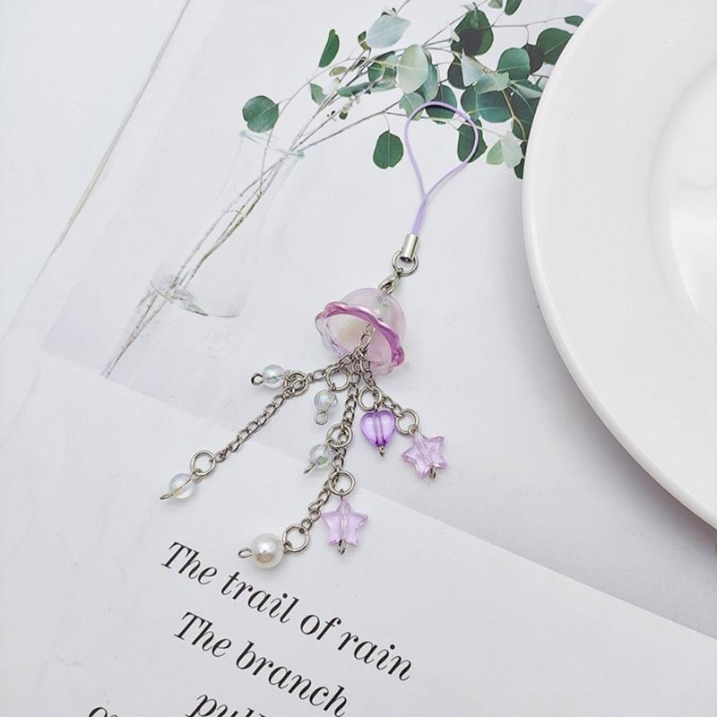 Cute Bead Pendant Phone Chain Y2K Style Fashion Purple Fringe Heart Star Bead Phone Lanyard for Girls Women Backpack