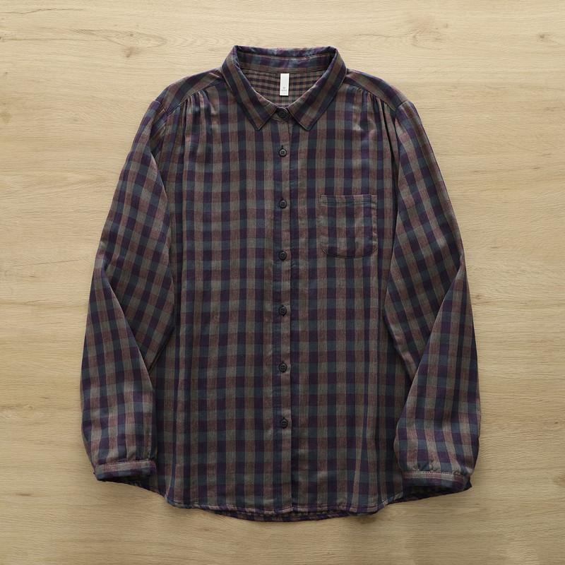 Women Plaid Shirts Cotton Yarn Long Sleeve Blouses Casual Loose Lady Tops Female Clothes