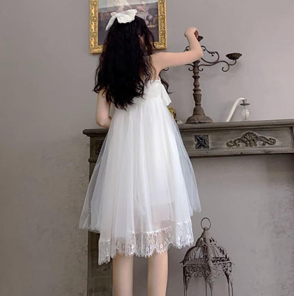 White Lace Dress Lolita Wedding Clothes Cosplay Costume White Empire Knee Length Sleeveless Dress [Lady Lazy] A-Line After-Party Women's (L)