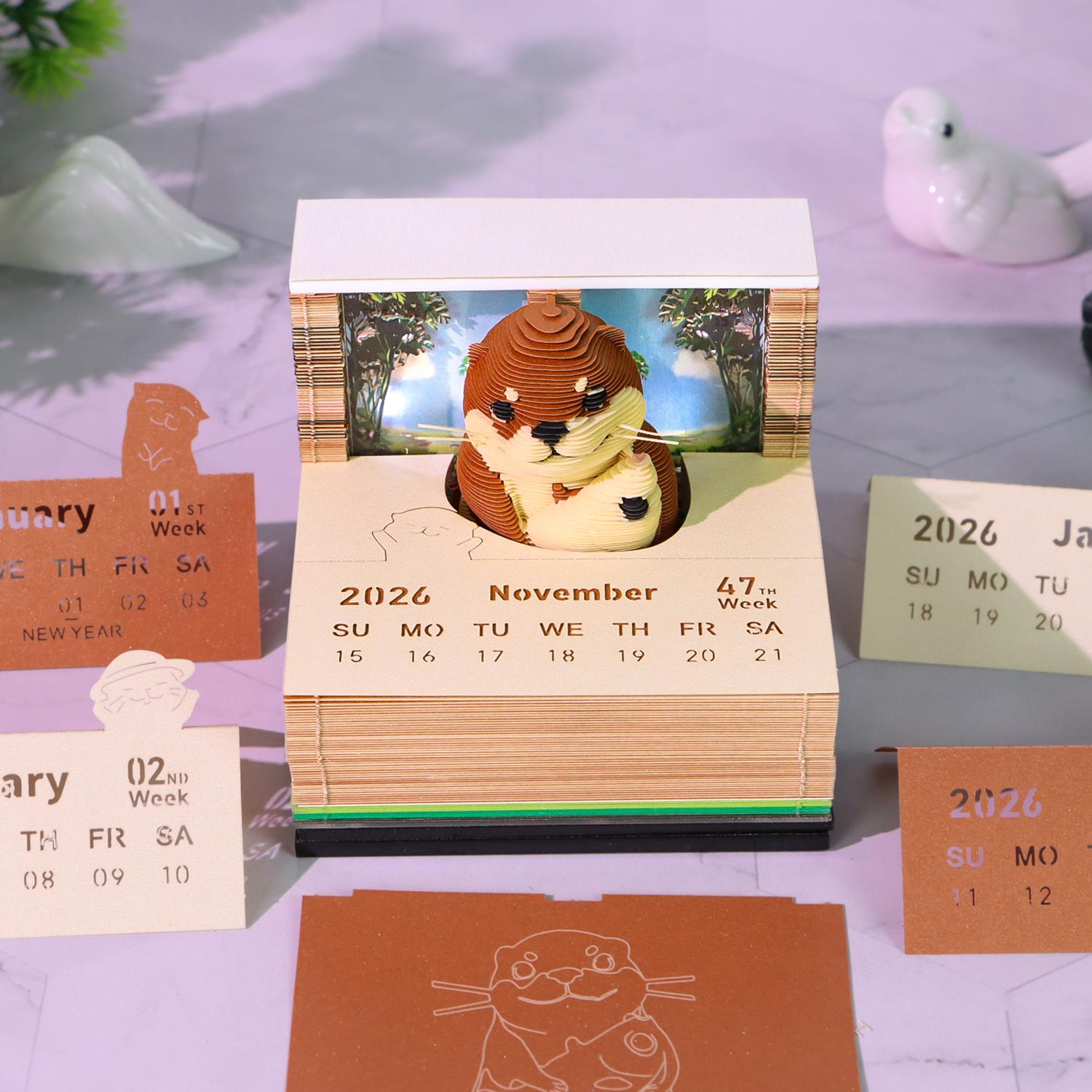 Otter 3D Calendar Memo Pad Animal Paper Sculpture 3d Model Hidden Hand Tear Paper Toy Weekly Date Pad Desk Calendar