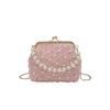 2026 Light Blue Floral Lace Clutch Bag with Pearl Chain Elegant Kiss-lock Evening Purse Wedding Party Crossbody Handbag
