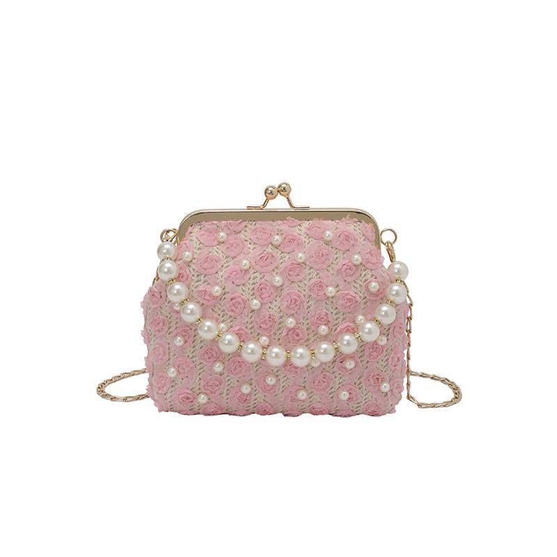 2026 Light Blue Floral Lace Clutch Bag with Pearl Chain Elegant Kiss-lock Evening Purse Wedding Party Crossbody Handbag