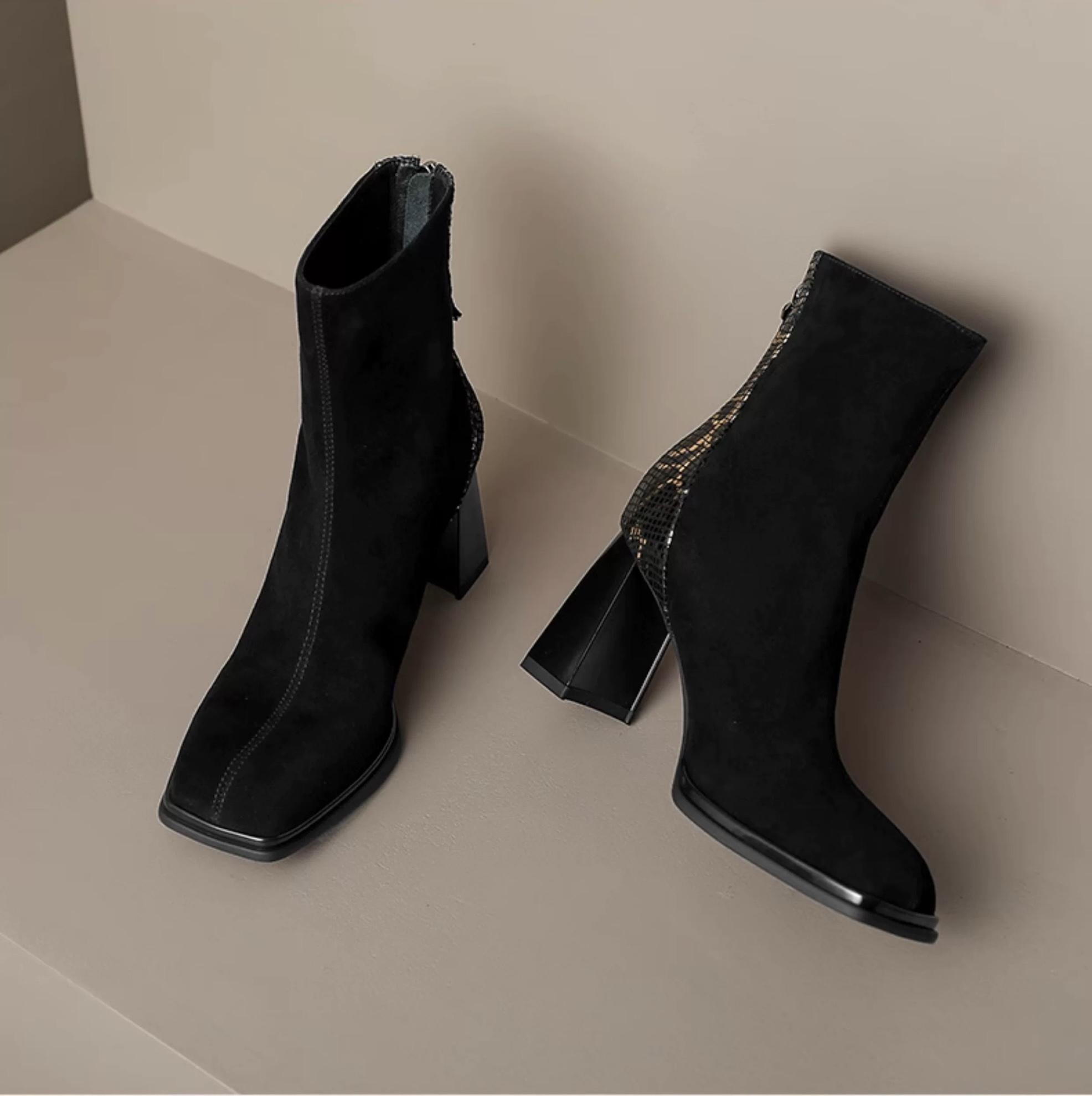 

Serpentine Женские ботильоны на высоком каблуке Модные замшевые туфли с квадратным носком Женский бренд 2025 года Тренд Элегантные офисные туфли Туфли-лодочки Botas Mujer 39 чёрный