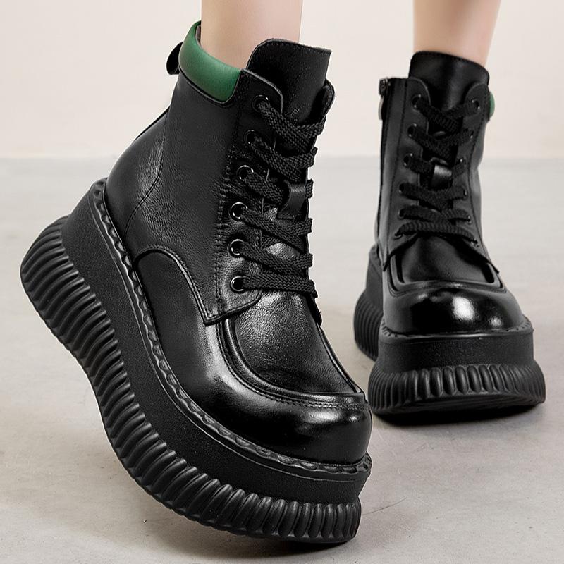 Fashion GKTINOO Genuine Leather Thick Sole Lightweight Boots 2025 Autumn Winter New Vintage Versatile Lace Up Cowhide Short Boots